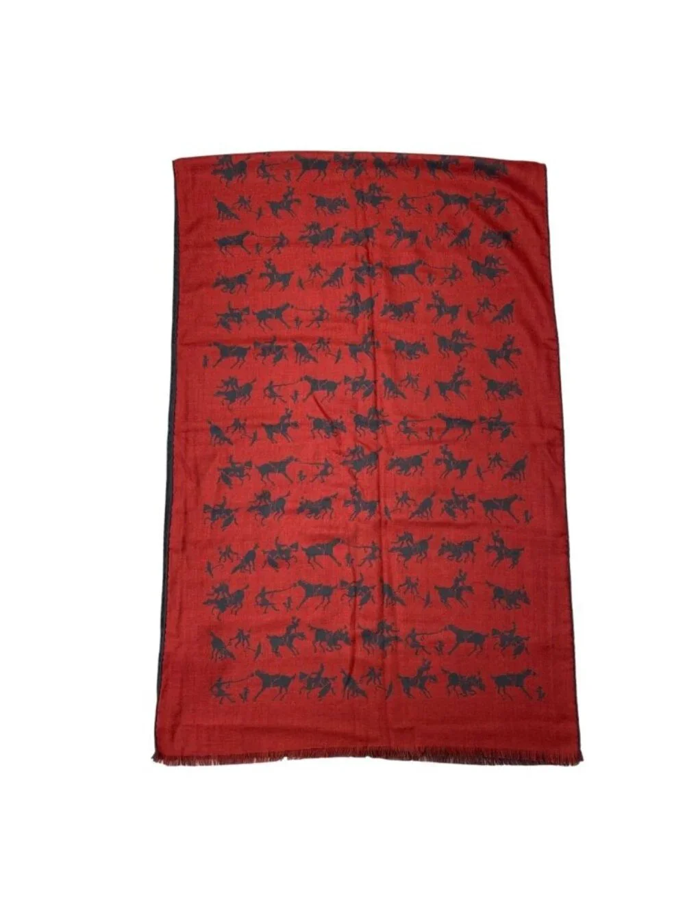 Hermes Reversible Shawl Scarf Horse Pattern Silk Cashmere Red Black Fine Daily